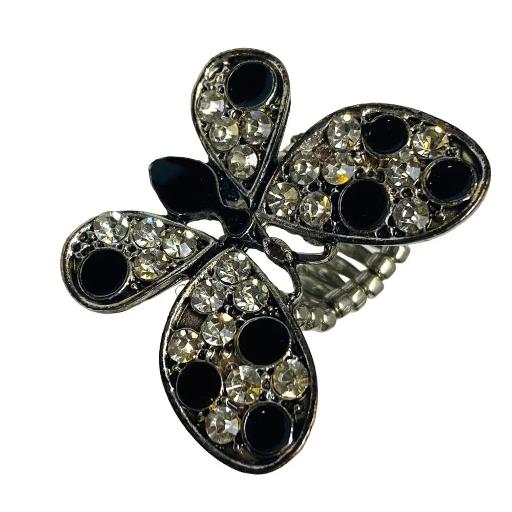 Ring Stretch Butterfly Shape Women Rhinestone Accents Enamel Silver Color Metal - Picture 1 of 16